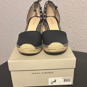 Marc Fisher Black Leather Espadrille Wedges